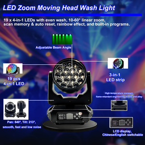 Projecteur <span class=keywords><strong>de</strong></span> scène à tête mobile 19x15W RGBW 4-en-1 Zoom Wash, faisceau 10-60°, rotation panoramique/inclinaison 540°, stroboscope ultra-rapide, DMX512, son - Product Image 4