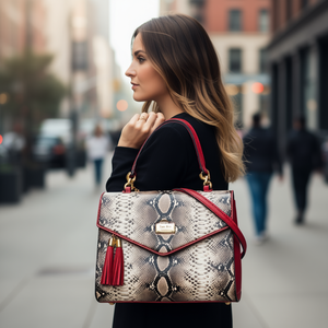Bolso de Mujer Fana Malu con Diseño de Serpiente, Asas Rojas, Forro de PU, Adorno de Borla, para Uso Diario - Product Image 2