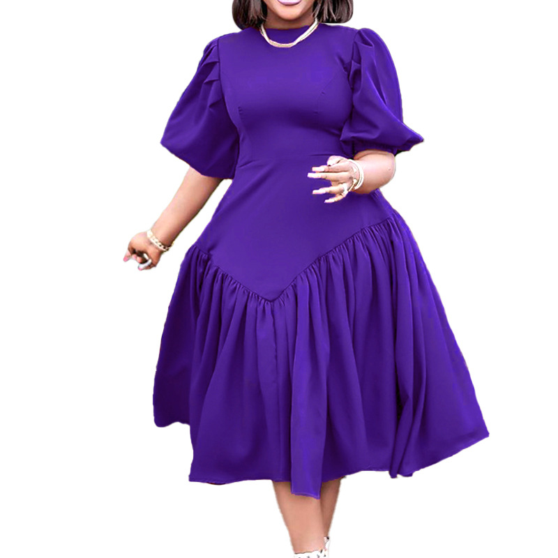 New Trendy Half Puff Sleeve Pleat Dresses Fashion Women Plus Size Elegant Casual  Ruched Midi Dress| Alibaba.com