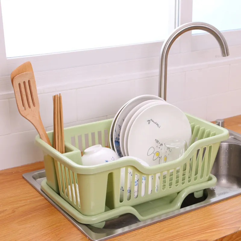 ที่คว่ำจานมีช่องระบายน้ำด้านข้างสำหรับอ่างล้างจานในครัว,ตะกร้าใส่ของพร้อมที่ใส่ช้อนส้อมและที่ระบายน้ำ