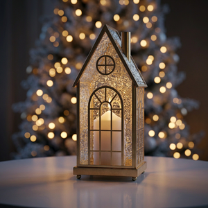 Latest Trending Style <b>Gold</b> Metal House Shape Candle Holder <b>Lantern</b> with Rainfall Glass for Home Decoration - Product Image 1