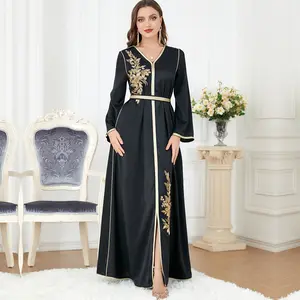 Wholesales High Quality Abayas Lace Panel Belted Dress Slit V Shaped Printed Long Sleeved Muslim Islamic Dress