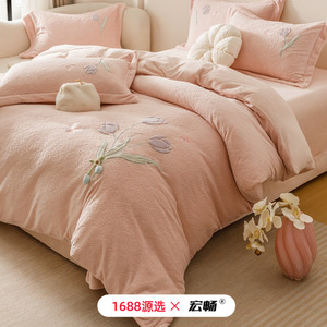 Milk Fleece Four-Piece <b>Bedding</b> <b>Set</b> Floral Embroidered Winter Thickened Anti-Static Home Use Sheet Style - Product Image 2