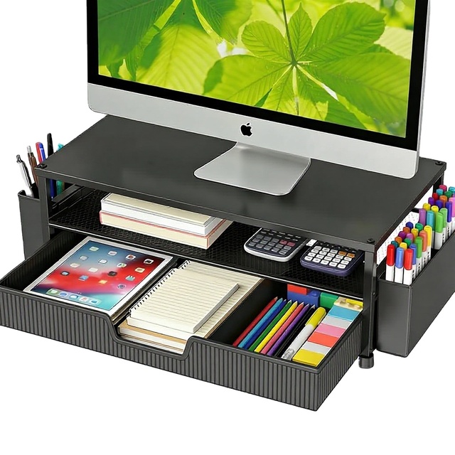 Ergonomic Monitor Riser Desk 2-Tier Computer Monitor Stand With Storage Drawer 2 Pen Holders for Laptop/Printer Desktop