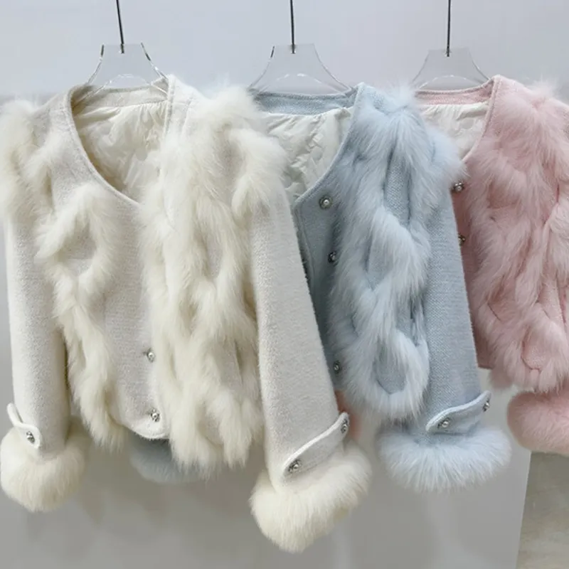 New 2023 famous Fall Winter Luxury short design plush Real Fox Fur Tweed Coat , ladies fashion natural fox fur jackets