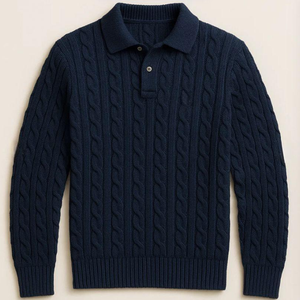 Suéter de Lana Merino para Hombre, Cuello Polo, Cierre Completo, Tejido de Cable, Otoño Invierno, Marca Privada OEM ODM - Product Image 4