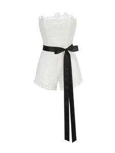 Vestite Elegantes Pour Femmes elegante tutina <span class=keywords><strong>in</strong></span> Jacquard floreale Chic <span class=keywords><strong>in</strong></span> <span class=keywords><strong>pizzo</strong></span> bianco senza spalline Jacquard con cintura di fiocco - Product Image 3