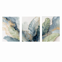 HAOWAI OEMODM 3 pièces, Art botanique abstrait, Triptyque de feuilles abstraites, Peinture à l'huile, Art mural en feuille d'or, Décoration moderne verte et bleue