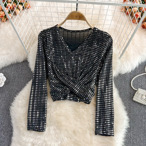 Venta al por Mayor, Nuevo Diseño, Camisa con <span class=keywords><strong>Lentejuelas</strong></span>, Blusa Sexy con Cuello en V, Plisada, Ajustada, Ropa de Club, <span class=keywords><strong>Camiseta</strong></span> de Moda para Mujer - Product Image 3