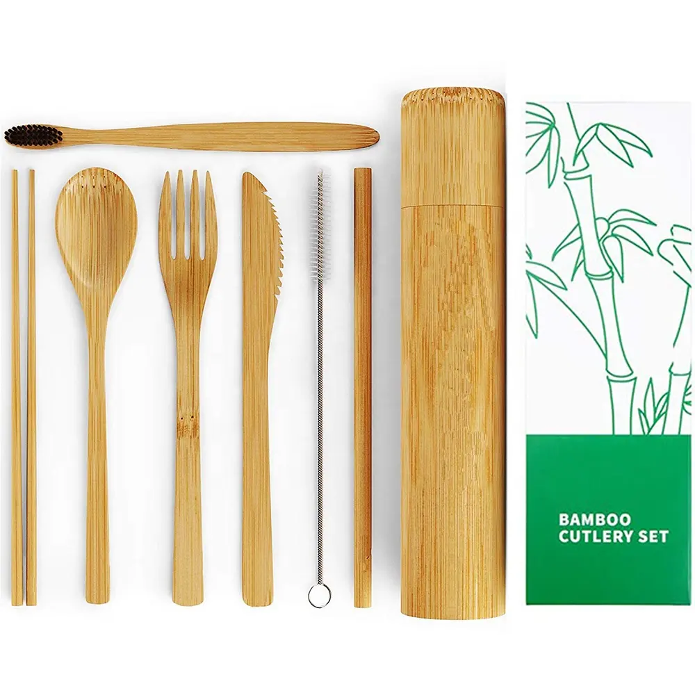 Tubo di bambù set personalizzato regalo set organizer biodegradabile laser tubo di bambù utensili da regalo per la tavola di viaggi
