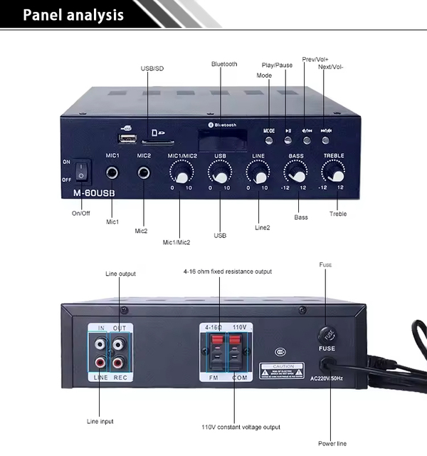 M-60USB 60W Aluminum Mixer Amplifier Silver and Black Public Address Audio Power Amplifier for Events
