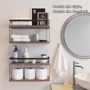 Wooden <b>Wall</b> Mounted Storage Rack Two Tier <b>Floating</b> <b>Shelf</b> For Bathroom Kitchen Living Room Durable Multipurpose Rectangular - Product Image 4