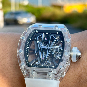 Men's Clear Crystal Skeleton Tourbillon Automatic Mechanical <b>Watch</b>, Tonneau-Shaped White <b>Rubber</b> Sports <b>Watch</b> - Product Image 4