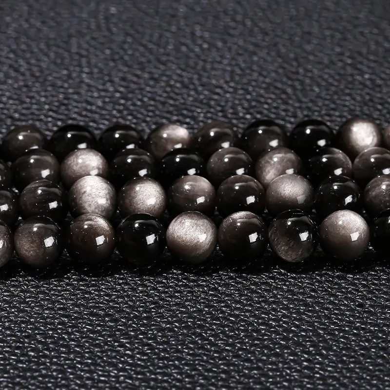 JD GEMS 4/6/8/10/12/14mm Semi Precious Gemstone 5A 7A Natural Stone Smooth Silver Obsidian Round Loose Spacer Beads for Jewelry
