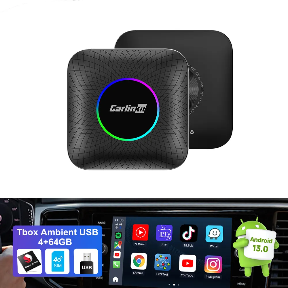 CarlinKit Tbox ortam USB 4G 64GB CarPlay Led ışık Dongle Android 13 kablosuz CarPlay Android oto carlink araba youtube oyna