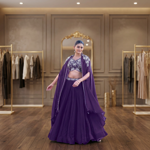 Lehenga Choli morado bordado con chal y dupatta, conjunto de 3 piezas para mujer, listo para usar, ropa tradicional india para bodas. - Product Image 1