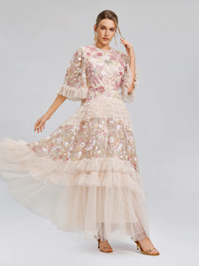 Abito lungo <span class=keywords><strong>da</strong></span> donna in tulle rosa cipria ricamato floreale, modello 2026 ODM, <span class=keywords><strong>con</strong></span> silhouette ampia, collo a balze e maniche a 3/4, a balze, elegante - Product Image 6