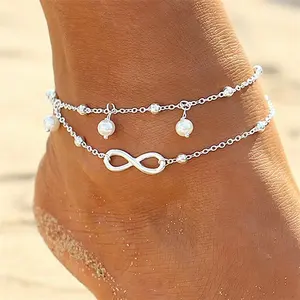 Hot Selling Double Layer Imitation Pearl Anklet Sets Elegant Alloy Woman Anklet