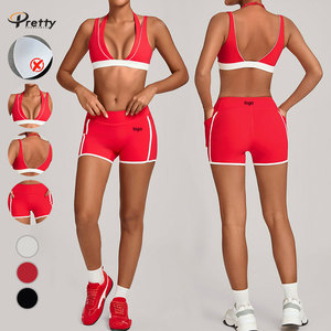 Nuovo Set Sportivo Rosso per Yoga: <span class=keywords><strong>Reggiseno</strong></span> Sportivo, Pantaloncini da Fitness per Esterni, Pantaloni da Yoga ad Asciugatura Rapida, Set Leggings da Yoga <span class=keywords><strong>Senza</strong></span> <span class=keywords><strong>Imbottitura</strong></span> - Product Image 1
