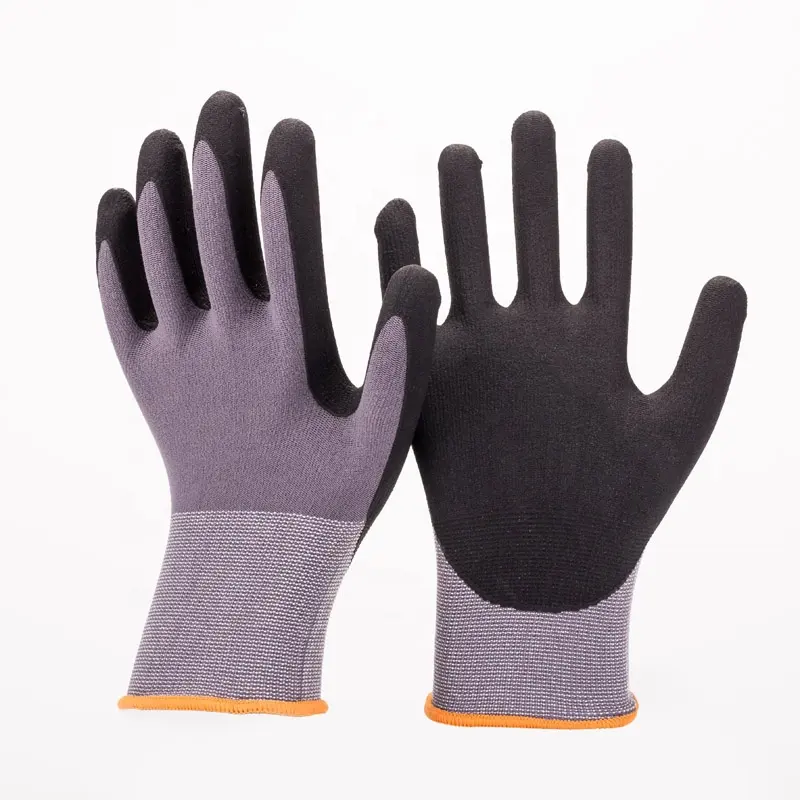 Good Flex 15G Nylon Spandex Work Safety Gloves Black NBR Palm Coated Sandy Nitrile Gloves