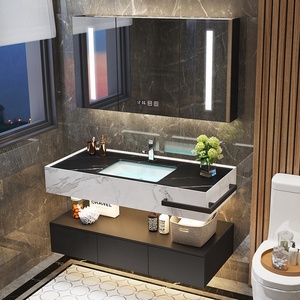 Vasque de salle de bain en pierre de roche avec combinaison de lavabo, style luxueux moderne, double vasque de 60 pouces et miroir avec rangement - Product Image 3