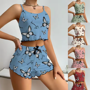 Ensemble de pyjama 2 pièces pour femme, haut à manches courtes en dentelle et short à taille élastique, tenue décontractée d'été, vêtements de nuit doux 95% - Product Image 2