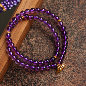 Pulsera Elástica de Cuentas Redondas de Amatista Brasileña Natural con Dije Dorado para Mujer, Proveedor Mayorista de Joyería - Product Image 4