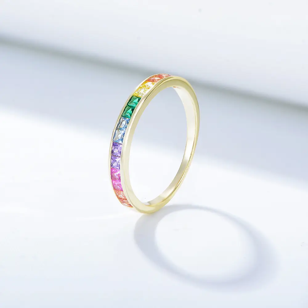 Conjunto micro arco-íris quadrado prata 925, anel feminino diamante prateado