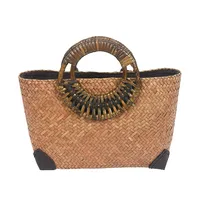 Tas Anyaman Jerami Tangan dengan Pegangan Cincin Kayu Tas Pantai Rotan Bali Tas Gaya Etnik