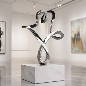 Sculpture abstraite moderne en acier inoxydable poli miroir, statue d'art métallique contemporaine en spirale pour la décoration d'hôtels et de salons - Product Image 5