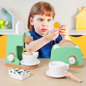 Kids Wooden Pretend Play Kitchen Appliances Toy Set with Coffee Maker <b>Machine</b> Blender Mixer and Toaster - Product Image 2