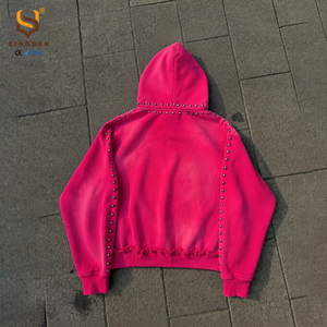 Sudadera con capucha unisex rosa 100% algodón con parche de letras bordado, pedrería, cremallera, remaches y lavado ácido estilo retro - Product Image 3