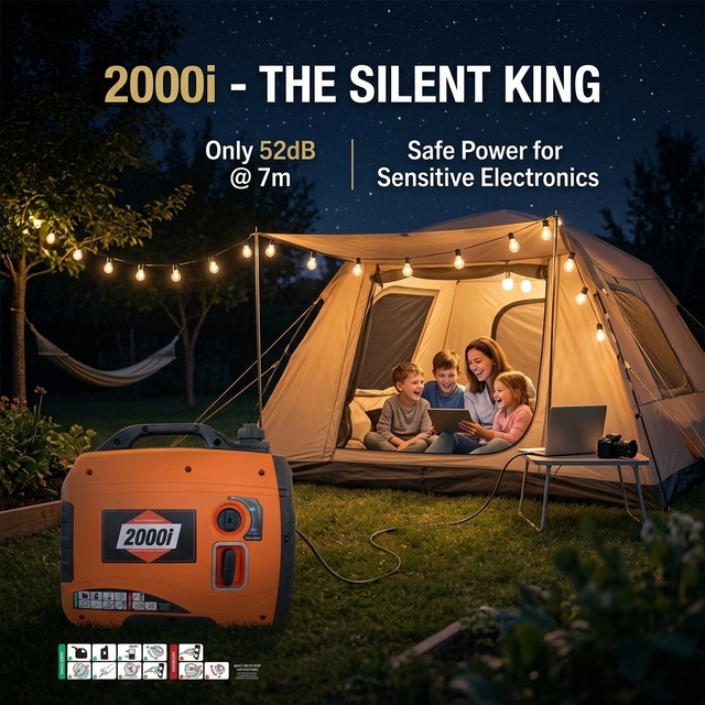 2000i 2.0kW Max Auto Super Silent 52dB Inverter Generator Ultra Quiet Portable Power Station 12.0h Running Time for Camping RV