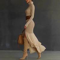 Robe plissée côtelée à col roulé pour femme, style bohème, collection Printemps/Automne/Hiver 2026, en stock usine, transfrontalière Europe/Amérique