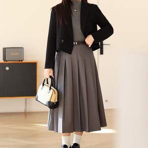 รันฉีกระโปรงพลีทเอวสูงทรงเอสำหรับผู้หญิง สีเทา ไซส์พลัส กระโปรงยาวพร้อมป้าย โพลีเอสเตอร์ไฟเบอร์ N8857 - Product Image 1