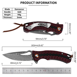 Cuchillo de bolsillo plegable táctico de supervivencia para acampar al aire libre EDC con hoja de acero de Damasco OEM y mango G10 con clip. - Product Image 2