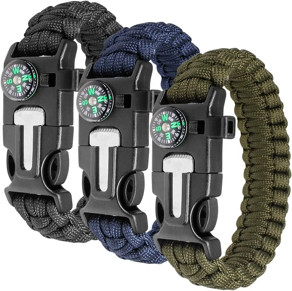 Paracord Bracelet Kit for Outdoor Survival, Survival Gear Kit with Embedded Compass Fire Starter, Emergency Knife & Whistle