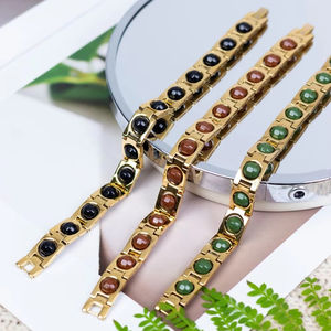 Bracelet masseur en titane plaqué or pour hommes femmes bijoux de couple tendance pierre d'énergie tourmaline réglable en acier inoxydable - Product Image 1