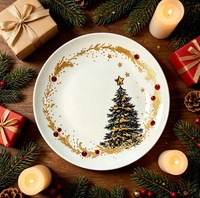 Assiette de Noël en céramique rouge et verte avec motifs de brindilles de pin, vaisselle festive pour la maison, l'hôtel et le restaurant