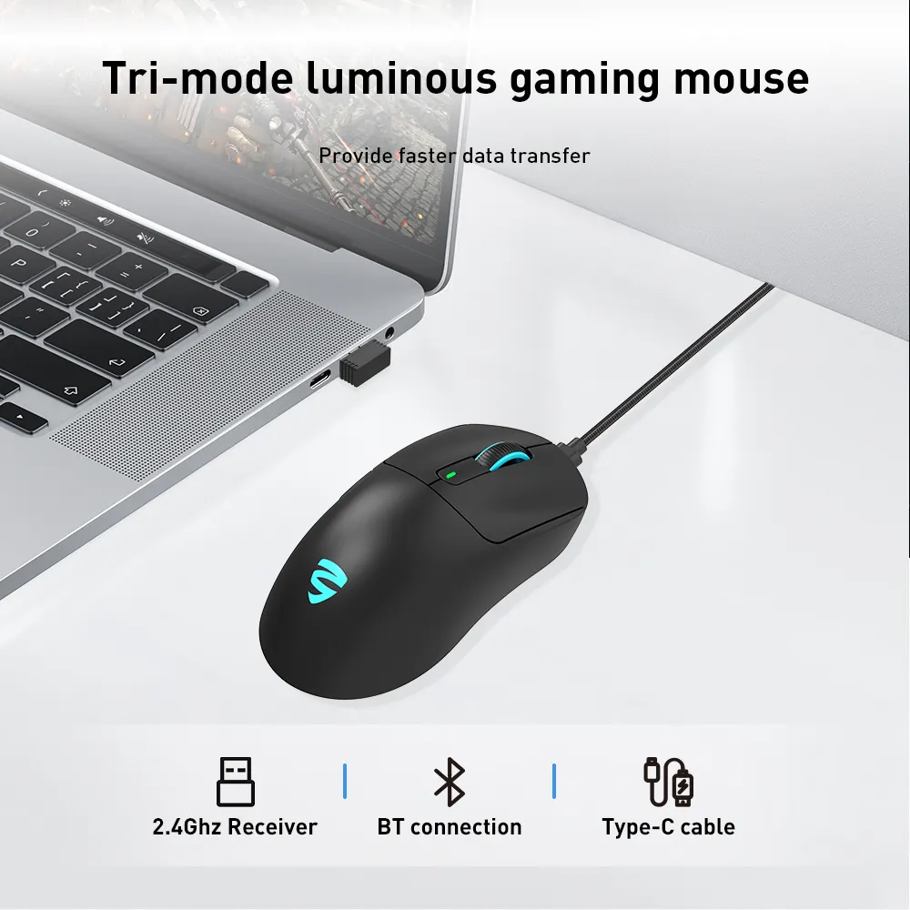Souris de jeu OEM de conception ergonomique pour PC Tri-mode sans fil Ultra léger 54g plume comme Illuminate RGB Factory mouse bluetooth