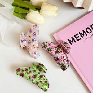 Pinza de Pelo Acrílica Estampada con Diseño Floral Retro, Pinza de Pelo Tipo Tiburón para Mujer, Antideslizante, Pinza de Pelo Grande para Cabello Fino - Product Image 2