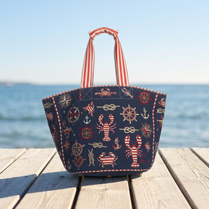 Nautical Lobster Print Cotton <b>Beach</b> <b>Tote</b> <b>Bag</b> with Red Striped Handles - Product Image 5