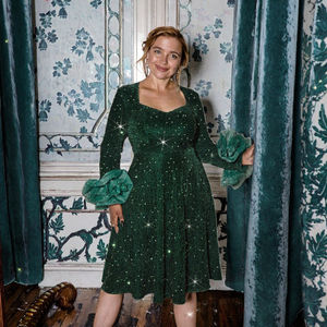 Nouvelles robes de soirée élégantes en satin de grande taille pour femmes, col carré, manches bouffantes, robe à paillettes disponible en tailles plus grandes - Product Image 2