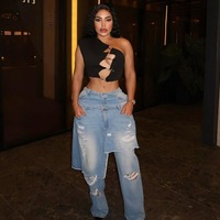 2026 En gros Été Automne Jean déstructuré pour femme, style tablier, double ceinture, effet usé, coupe droite