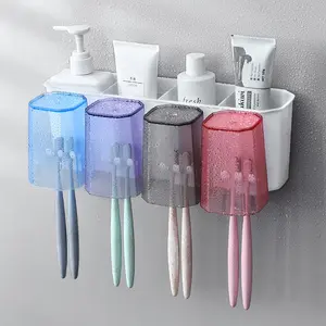 Wall Mount Plastic Self Adhesive Nail-free Bathroom Organizer Cups Toothbrush Holder Set