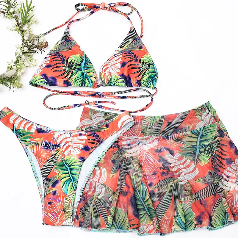 trend women swimwear three pieces high waist halter string swimsuit 3 piece floral bikini set skirt