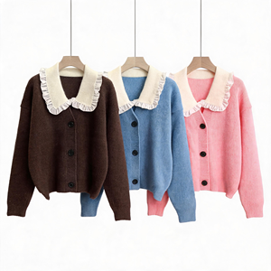 Cardigan in Maglia a Coste Marrone Scuro con Colletto <span class=keywords><strong>Peter</strong></span> <span class=keywords><strong>Pan</strong></span> Arricciato, Etichetta Privata, Maglione a Maniche Lunghe con Colletto <span class=keywords><strong>Peter</strong></span> <span class=keywords><strong>Pan</strong></span>, Giacca in Maglia Vintage - Product Image 2