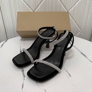 Sandalias Zapatos Mujer Saltos Rhinestone Negras con Correa en el Tobillo y Tacón Cuadrado para Damas - Product Image 4