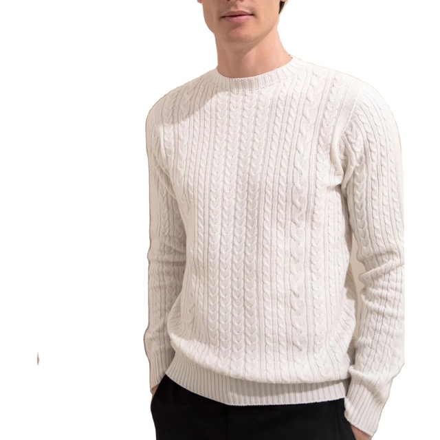 White Black Cable Knitting O-neck Fashion Casual Men's Cashmere Sweater Pullover for Winter