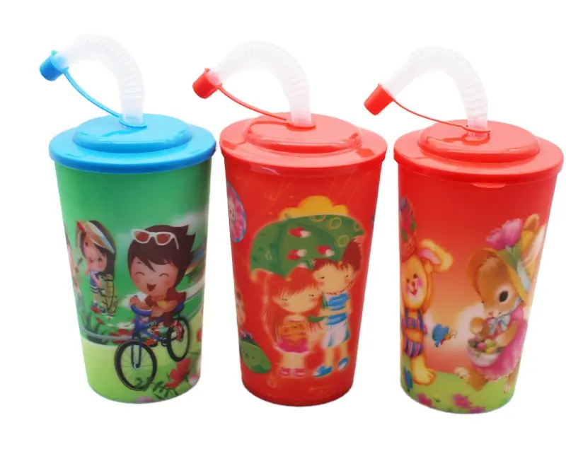 OEM custom logo 3D lenticular plastic cup 600ml kids straw cup cold drinking tumbler cups with lids and straws